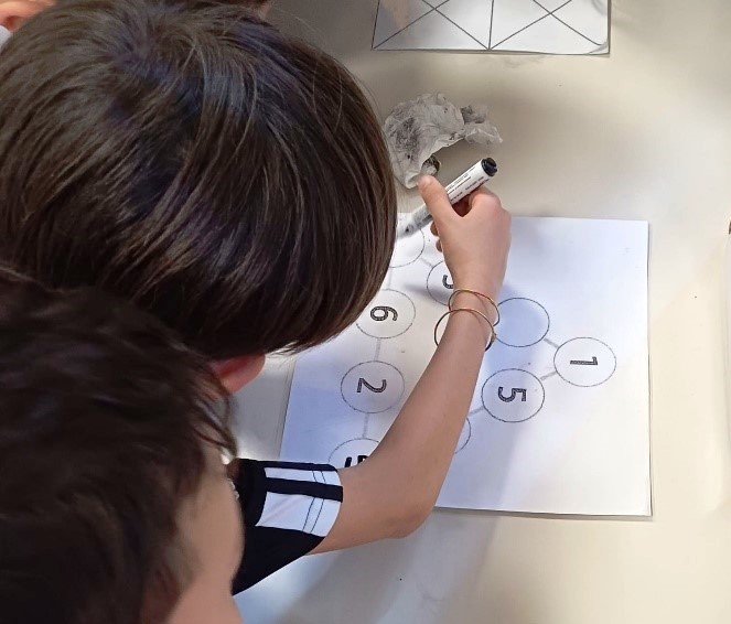 Bambini scrivono dei numeri sui lati di un triangolo.