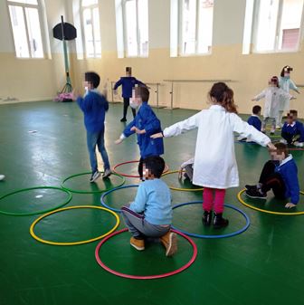 Bambini in palestra giocano con i cerchi.