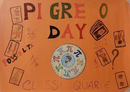 Cartellone realizzato dai bambini con simbolo del "Pi Greco" e carte da gioco