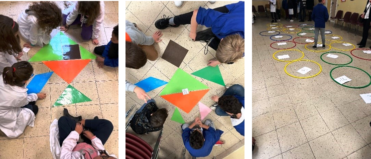 Bambini che eseguono giochi matematici: Tangram e salti dentro a cerchi numerati.