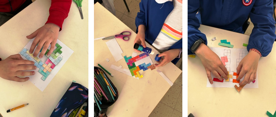 Bambini compongono il simbolo del Pi Greco con pentamini di carta.