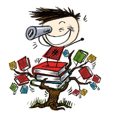 Illustrazione - Bambino con binocolo e libri